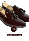 İsme Özel Rugan Püsküllü Kösele Erkek Ayakkabı - %100 Hakiki Deri - Gümüş Konseptli - AA01015 - Bordo