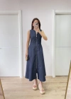 Jeans Kot Önü Tam Fermuarlı Kadın Uzun Elbise - Mavi