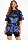 Kadın Asit Yıkamalı Oversize Tişört Mavi Kelebek Baskılı Dijital Print Bisiklet Yaka Streetwear T-Shirt - Siyah