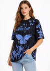 Kadın Asit Yıkamalı Oversize Tişört Mavi Kelebek Baskılı Dijital Print Bisiklet Yaka Streetwear T-Shirt - Siyah