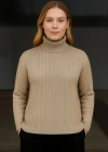 Kadın Balıkcı Yaka Bağazlı Triko Kazak Pamuklu Kalın Fitilli Dokuma - Bej
