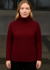 Kadın Balıkcı Yaka Bağazlı Triko Kazak Pamuklu Kalın Fitilli Dokuma - Bordo
