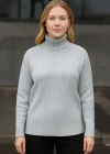 Kadın Balıkcı Yaka Bağazlı Triko Kazak Pamuklu Kalın Fitilli Dokuma - Gri