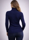 Kadın Balıkcı Yaka Bağazlı Triko Kazak Pamuklu Kalın Fitilli Dokuma - Lacivert