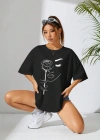 Kadın Baskılı Oversize T-shirt - Siyah