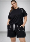 Kadın Battal Beden Kısa Kollu Tişört Şort Takım Kontrast Dikiş Detaylı Günlük Ev Giyimi - Siyah