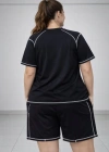 Kadın Battal Beden Kısa Kollu Tişört Şort Takım Kontrast Dikiş Detaylı Günlük Ev Giyimi - Siyah