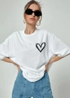 Kadın Bisiklet Yaka Baskılı Oversize T-Shirt - Beyaz