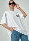 Kadın Bisiklet Yaka Baskılı Oversize T-Shirt - Beyaz
