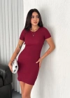 Kadın Bisiklet Yaka Kısa Kol Likralı Elbise - Bordo