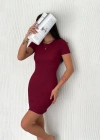 Kadın Bisiklet Yaka Kısa Kol Likralı Elbise - Bordo