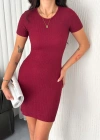 Kadın Bisiklet Yaka Kısa Kol Likralı Elbise - Bordo