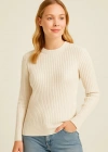 Kadın Bisiklet Yuvarlak Yaka Triko Kazak Pamuklu Kalın Fitilli Dokuma, Regular Fit Uzun Kollu Kışlık Model - Bej