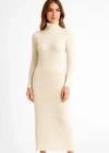 Kadın Boğazlı Triko Elbise – Uzun Fitilli Esnek Dokuma, Tam Kalıp, Kışlık & Baharlık Şık Rahat Stil, 130 cm Midi Boy Elbise - Beyaz
