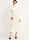 Kadın Boğazlı Triko Elbise – Uzun Fitilli Esnek Dokuma, Tam Kalıp, Kışlık & Baharlık Şık Rahat Stil, 130 cm Midi Boy Elbise - Beyaz