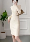 Kadın Boğazlı Uzun Fitilli Triko Dokuma Elbise - Beyaz