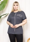 Kadın Büyük Beden Çizgili Taş Detaylı Kısa Kollu Likralı Viskon Tişört - Lacivert