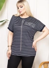 Kadın Büyük Beden Çizgili Taş Detaylı Kısa Kollu Likralı Viskon Tişört - Lacivert