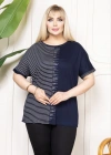 Kadın Büyük Beden Taş Detaylı Çizgili Viskon Tişört Bisiklet Yaka Rahat Kesim - Lacivert