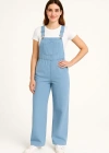 Kadın Chambray Açık Mavi Denim Görünümlü Geniş Paça Salopet Tulum - Mavi