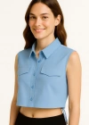 Kadın Crop Poplin Gömlek Yalancı Cepli, Ayarlanabilir Yan Kordonlu, - Bebe Mavisi
