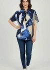 Kadın Desenli Püsküllü Viskon Bluz Bebe Yaka Kısa Kollu Big Size Rahat Kesim - Desenli
