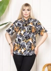 Kadın Desenli Püsküllü Viskon Bluz Bebe Yaka Kısa Kollu Big Size Rahat Kesim - Desenli