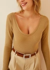 Kadın Fitilli Likralı Body Crop - Camel