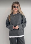 Kadın Gri Oversize Triko Kazak