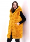Kadın Kapşonlu Peluş Kürk Yelek Premium Kalite, Tam Astarlı, Uzun Model - Sarı