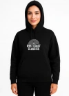 Kadın Kapşonlu Sweatshirt – Oversize Üç İplik Şardonlu Hoodie, “West Coast Classics” Ön & Arka Baskılı, Kanguru Cepli Kışlık Günlük Stil - Siyah
