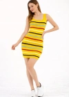 Kadın Kare Yaka Midi Boy Likralı Polelit Elbise - Sarı