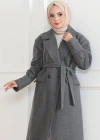 Kadın Kaşe Kaban – Uzun Boy Kruvaze Yaka Kuşaklı Tesettür Kaşe Kışlık Kaban, Astarlı Şık Yünlü Dokuma Oversize Rahat Kalıp Cepli Düğmeli Modern Kap Modeli - Gri