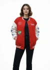 Kadın Kırmızı Varsity Çıtçıtlı Baskılı Oversize kalıp Kolej Ceket - Kırmızı