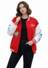 Kadın Kırmızı Varsity Çıtçıtlı Baskılı Oversize kalıp Kolej Ceket - Kırmızı