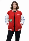 Kadın Kırmızı Varsity Çıtçıtlı Baskılı Oversize kalıp Kolej Ceket - Kırmızı