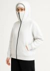 Kadın Samuray Ninja Çift Kapüşonlu Maske Detaylı Fermuarlı Kanguru Cepli Hoodie - Beyaz