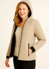 Kadın Şişme Kapüşonlu Fermuarlı Mont Su itici Kapitone Astarlı Kumaş Cepli Kışlık Rahat Kalıp - Bej