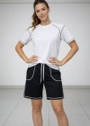 Kadın Spor Tişört Şort Takım Kontrast Dikiş Detaylı Ovarsize rahat kalıp - Beyaz