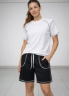 Kadın Spor Tişört Şort Takım Kontrast Dikiş Detaylı Ovarsize rahat kalıp - Beyaz