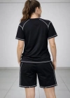 Kadın Spor Tişört Şort Takım Kontrast Dikiş Detaylı Ovarsize rahat kalıp - Siyah