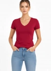 Kadın T-Shirt V Yaka Slim Fit Likralı Tişört Günlük Basic Body - Bordo