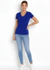 Kadın T-Shirt V Yaka Slim Fit Likralı Tişört Günlük Basic Body - İndigo
