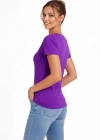 Kadın T-Shirt V Yaka Slim Fit Likralı Tişört Günlük Basic Body - Mor