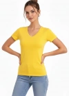Kadın T-Shirt V Yaka Slim Fit Likralı Tişört Günlük Basic Body - Sarı
