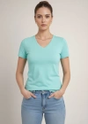 Kadın T-Shirt V Yaka Slim Fit Likralı Tişört Günlük Basic Body - Turkuvaz