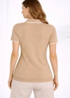 Kadın Triko Kumaş Yakalı Düğmesiz Açık Yaka Fitilli Kısa Kollu Regular Fit Tişört T-shirt - Bej