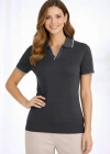 Kadın Triko Kumaş Yakalı Düğmesiz Açık Yaka Fitilli Kısa Kollu Regular Fit Tişört T-shirt - Siyah