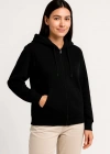 Kadın Üç İplik Kapüşonlu Tam Fermuarlı Kanguru Çepli SweatShirt Hoodie - Siyah