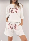 Kadın Unisex Nakış İşlemeli Şort Takım - Beyaz